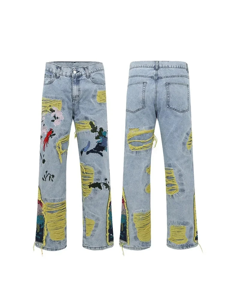 Chinese Painting Embroidered Patch Denim Ripped Jeans