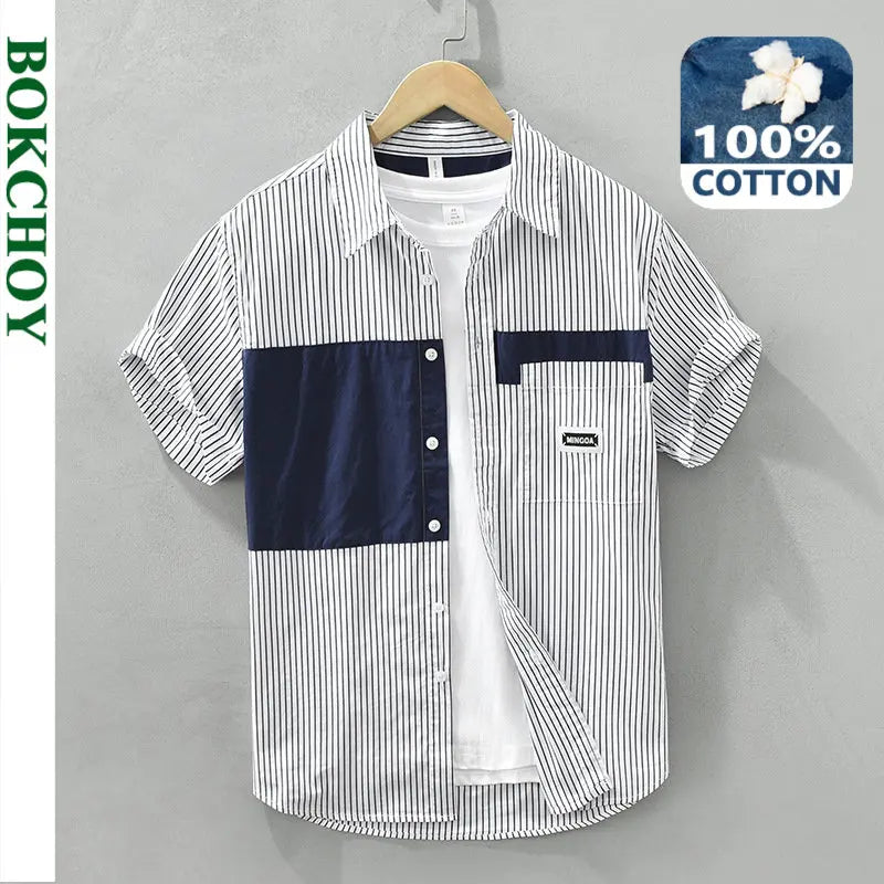 Summer New Striped Patchwork Shirt for Men Clothing