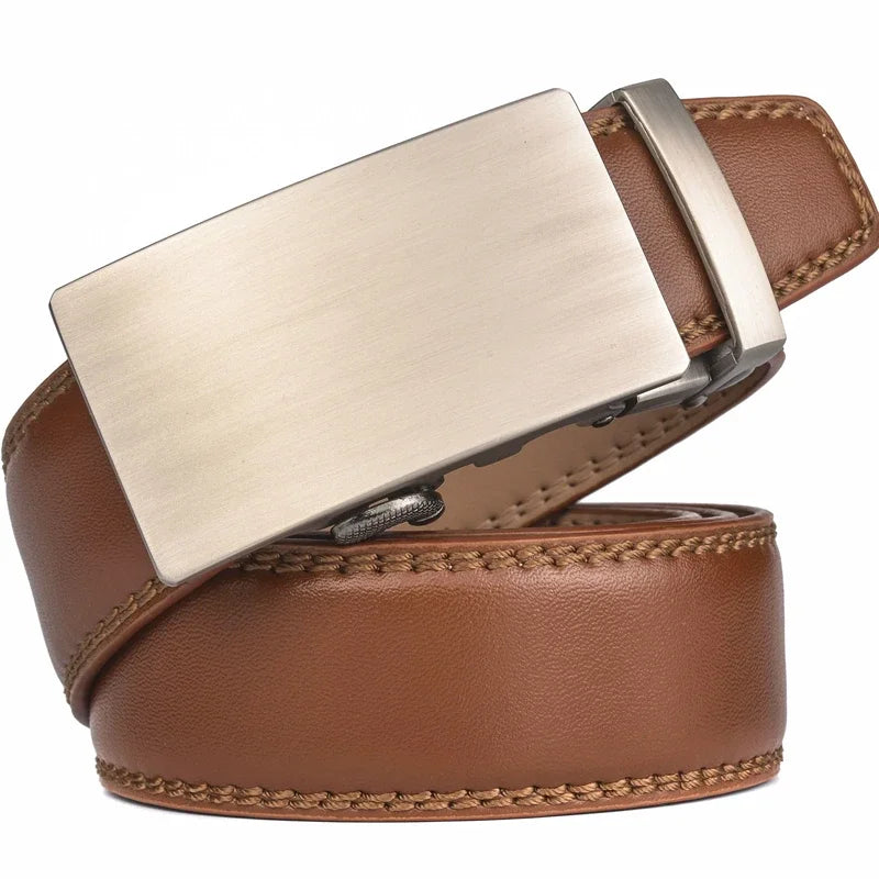 Plyesxale Brown Leather Belt Men 2024 Automatic Buckle