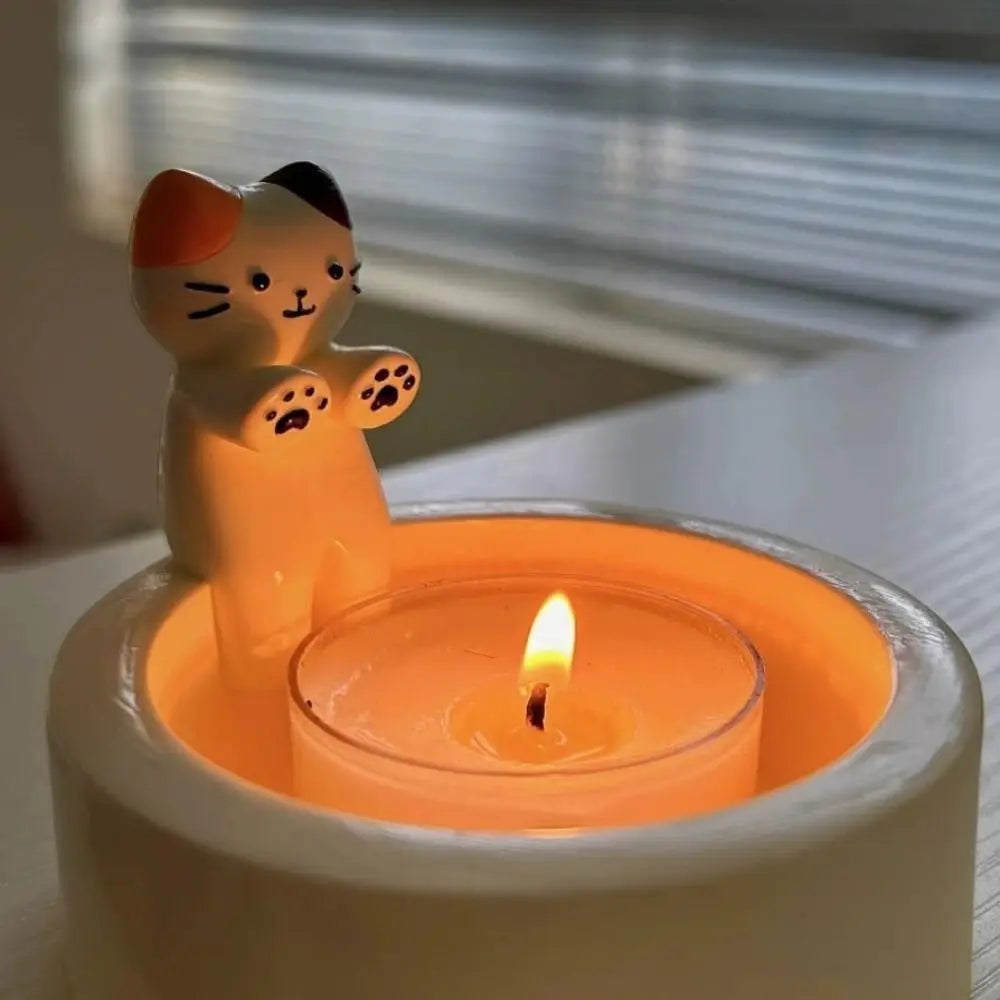 Cartoon Kitten Candle Holder Warming Its Paws Cute