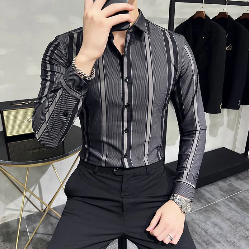 British Style Autumn New Striped Shirts Mens Long