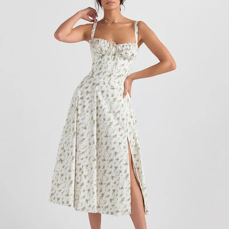 Women Summer Boho Spaghetti Straps Split Thigh Midi