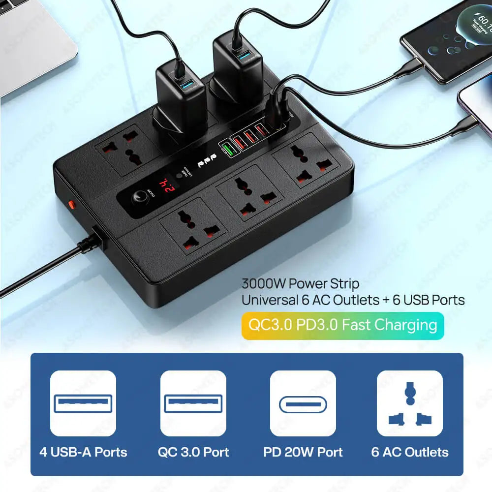 3000W 6 AC Outlets Power Strip 20W PD