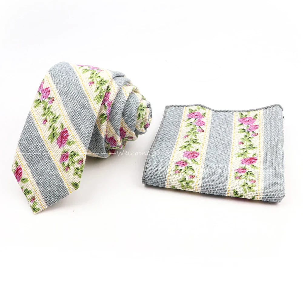 Men Linen Plant Ainmal Ties Set Pocket Handkerchief
