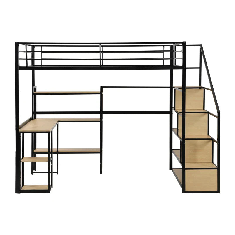 Full Size Metal Loft bed with Staircase, Built-in Desk and Shelves,Bedroom practical single bed for children, bunk bed for teen