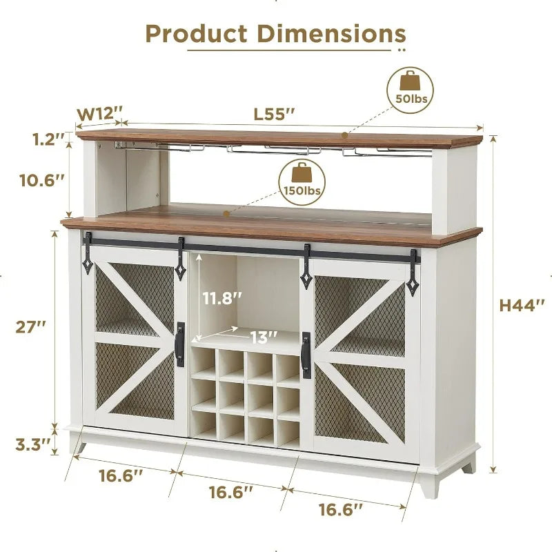 OKD Farmhouse Coffee Bar Cabinet with LED Lights,
