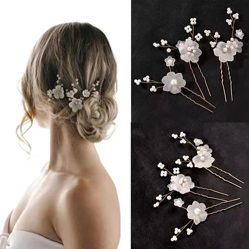 Pearl Flower Hairpin Side Comb Golden Leaf Shaped