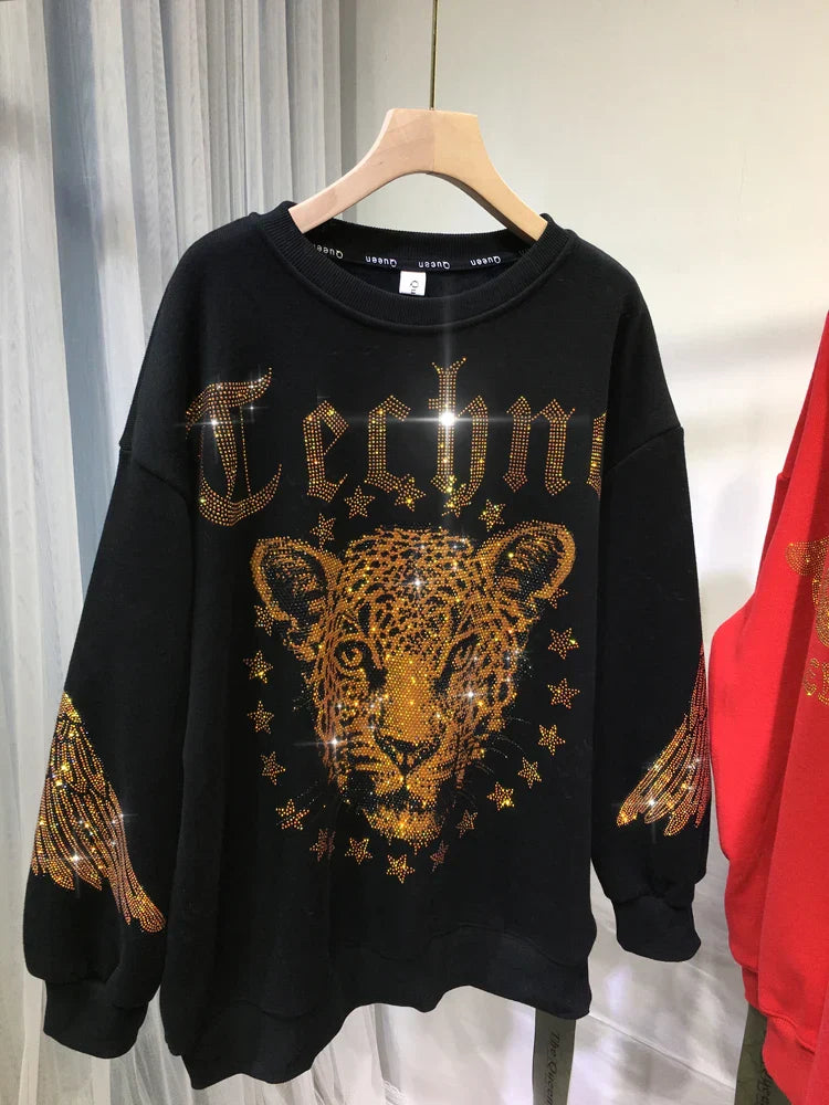 Plus Size Women Clothing Rhinestones Zip Up Hoodies