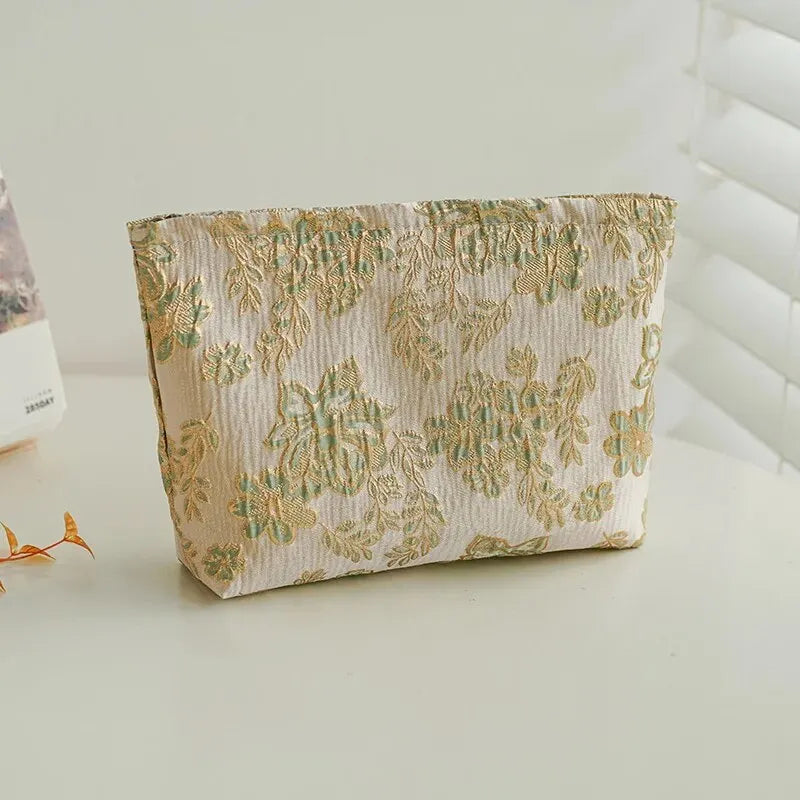 Women's Makeup Bag Green Gold Flowers Large Capacity