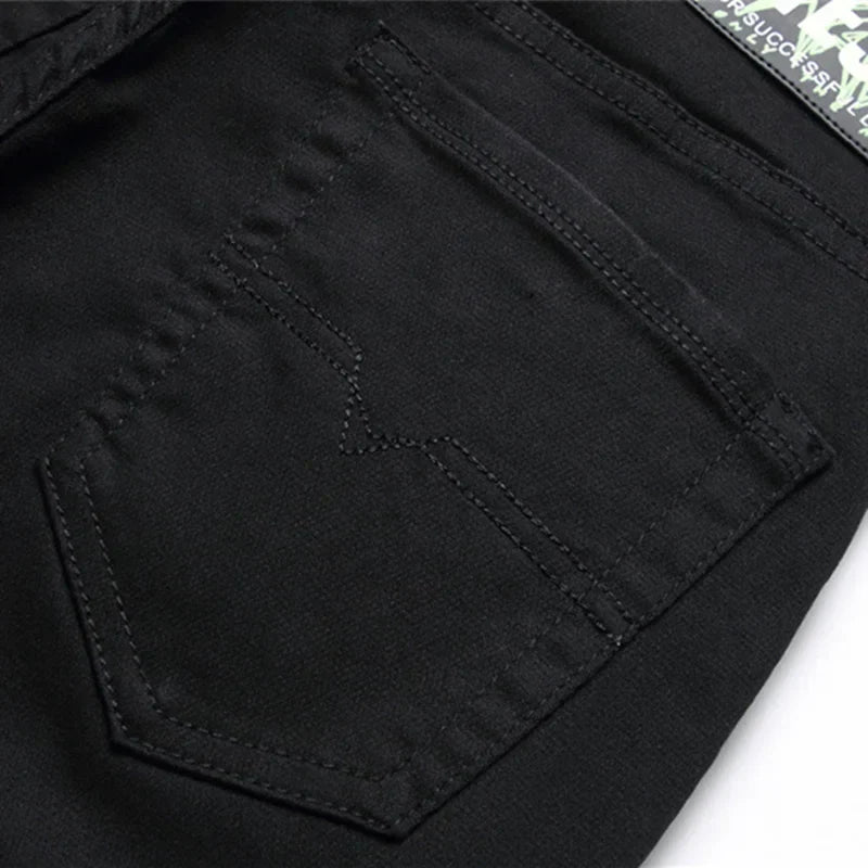 Hot Men's Black jeans Simple Trend Stretch Slim Pencil Pants High Quality Solid Color Mid-Waist Embroidered Brand Trousers