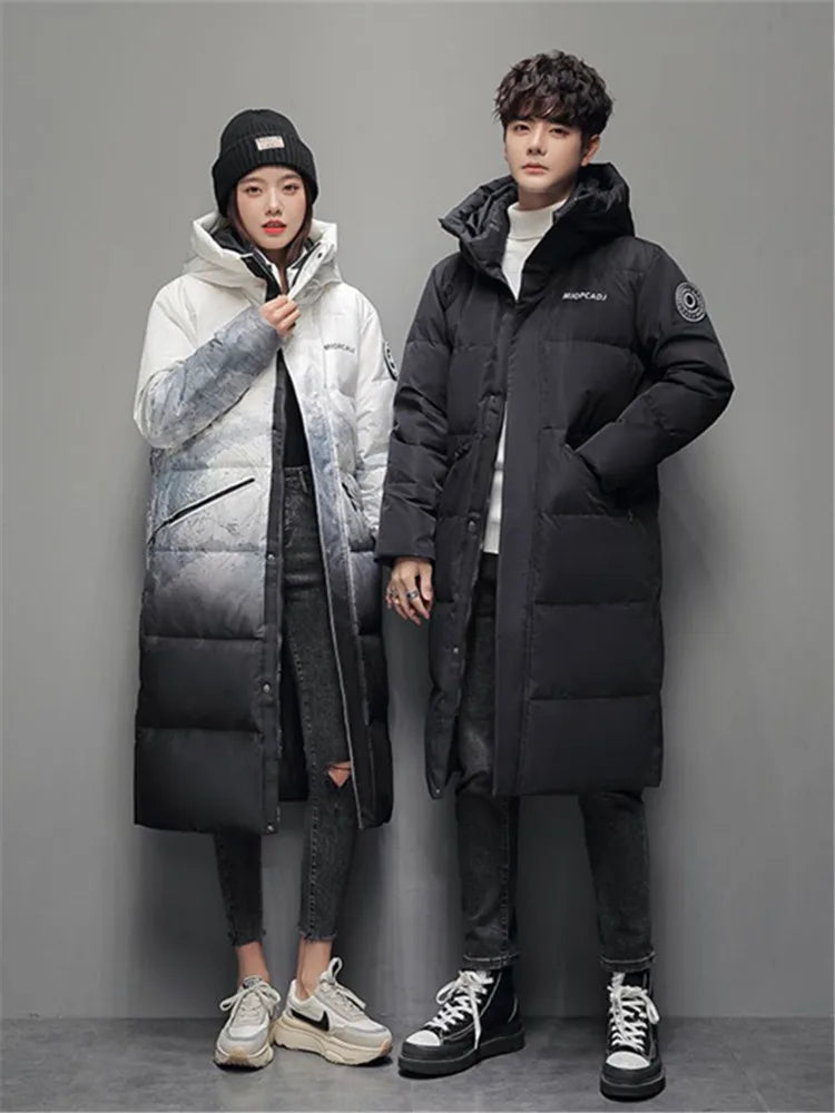 Winter X-long Cotton-padded Jacket Couple Gradient Hooded Puffer