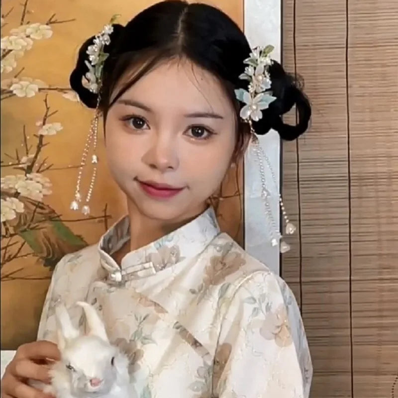 1pair Chinese Hanfu Hair Accessories Red Flower Hairpins