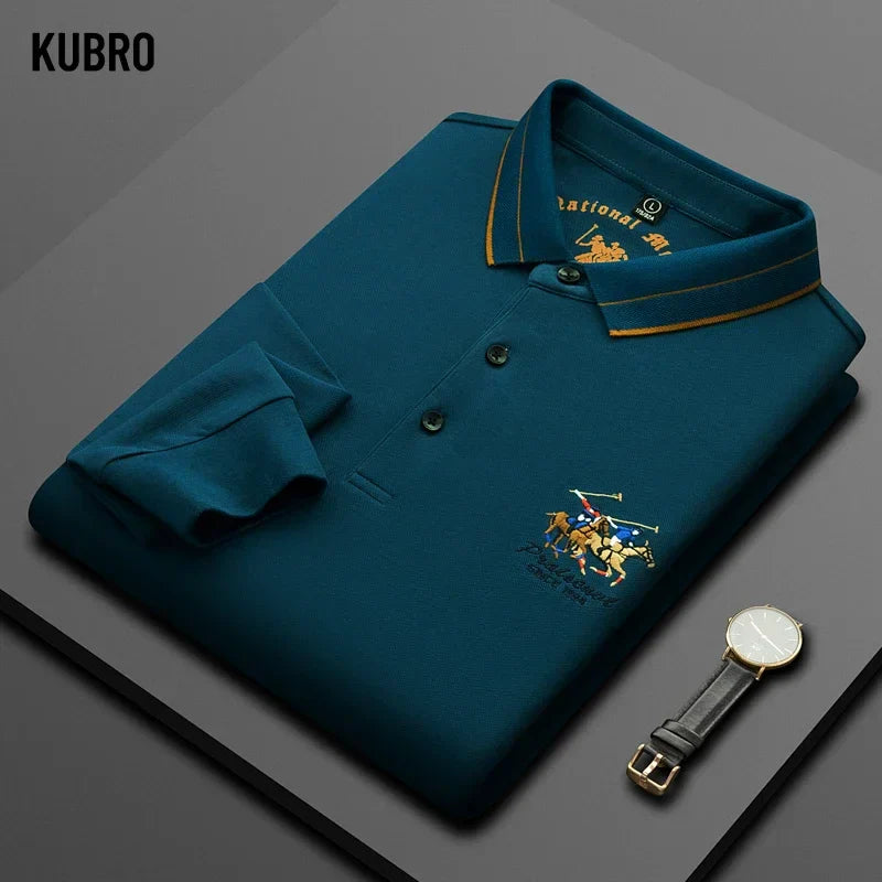 KUBRO Men's High Quality Embroidery Brand Plaid Long