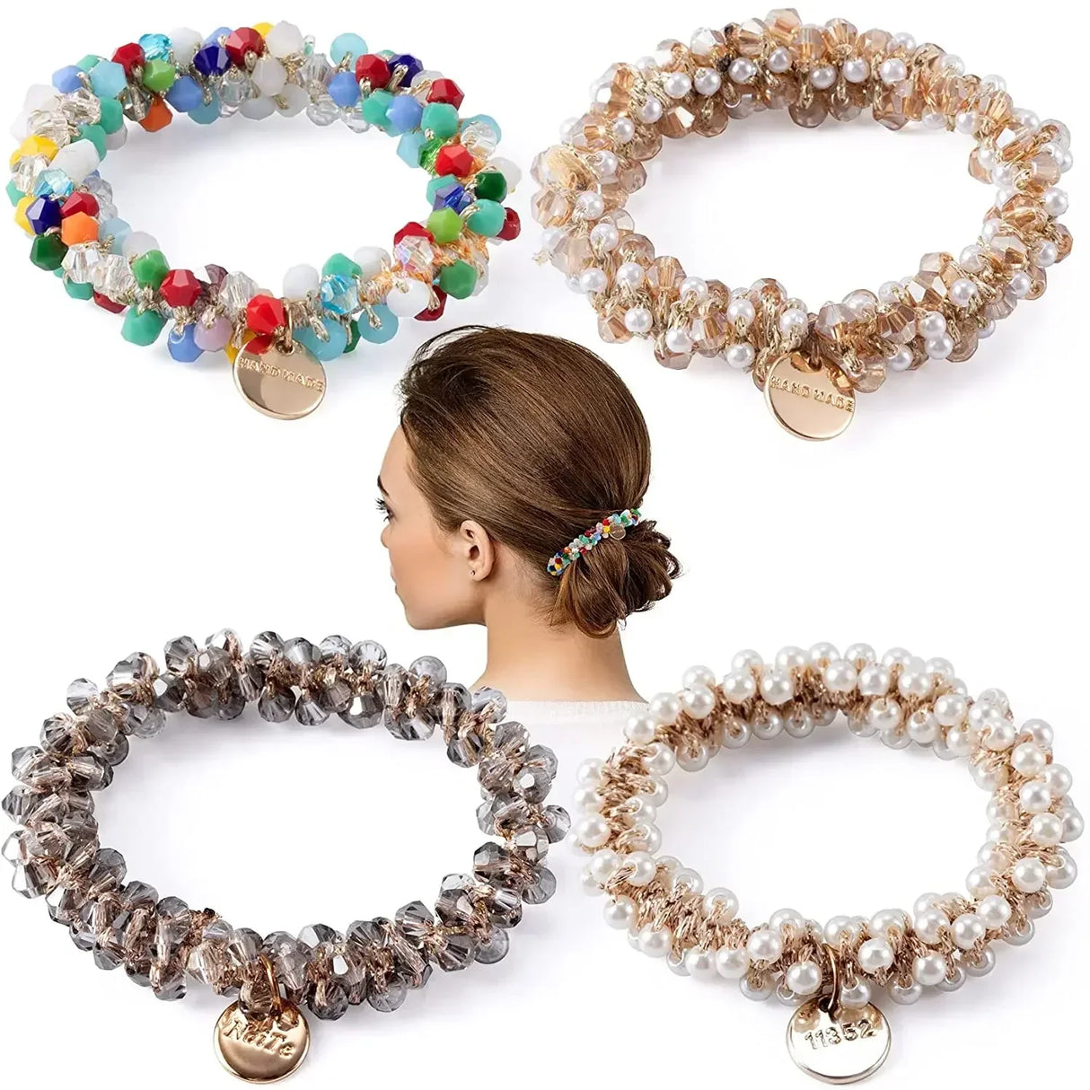 1pc Women Crystal Pearls Hair Rope Handmade Elastic