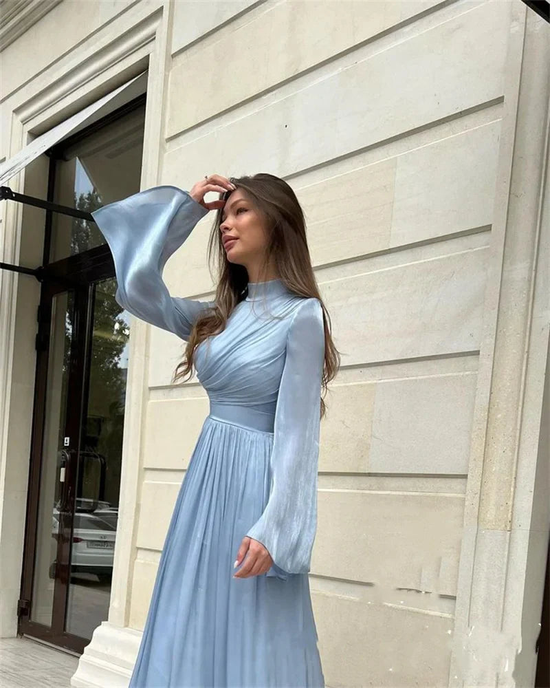 High Collar Chiffon Evening Dress Aline Sky Blue