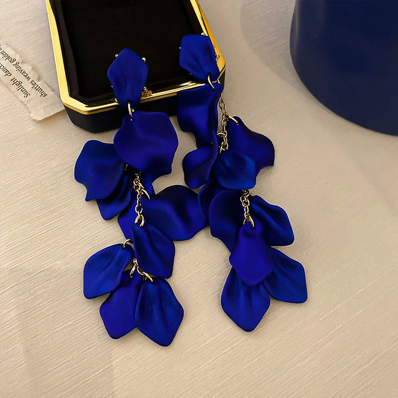 Long Retro Blue Flower Feather Tassel Dangle Earrings