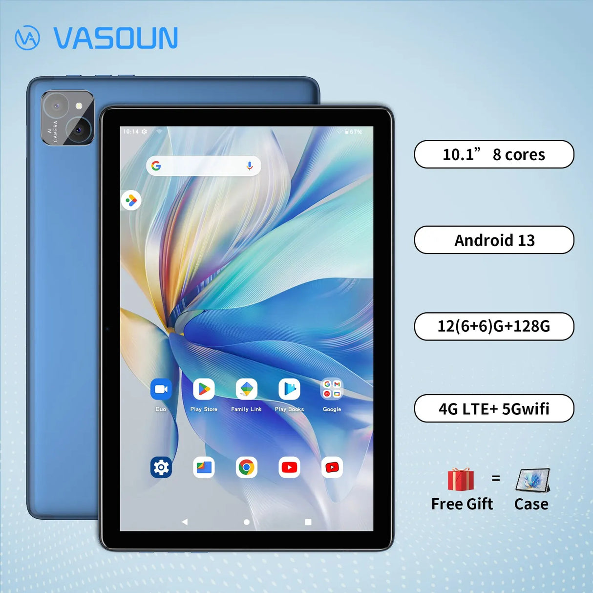 VASOUN Android 13 Tablet 10.1", 12GB(6+6 Expand) RAM,