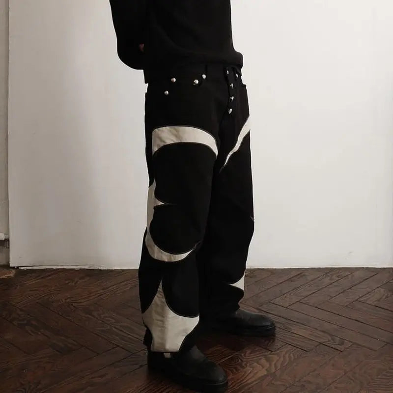 New Y2k Men Black Baggy Jeans Spliced Leather