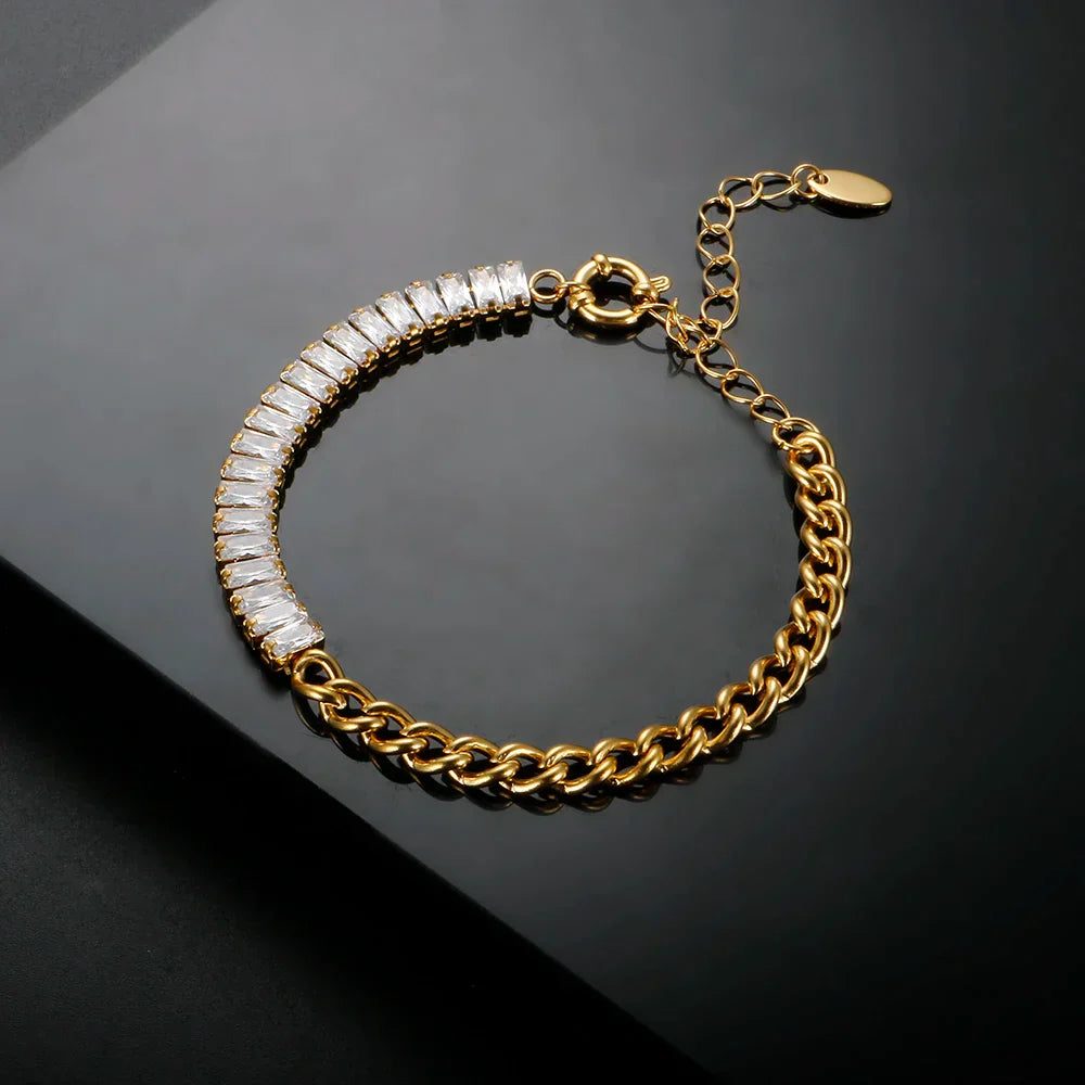 Luxury Cubic Zirconia Paneled Cuban Chain Bracelet 316L