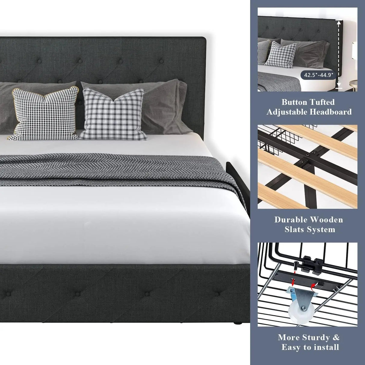 Allewie-Upholstered Queen Size Platform Bed Frame, 4 Storage