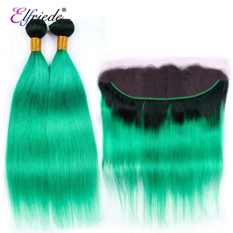 Elfriede 1BLight Green Straight Ombre Colored Hair Bundles