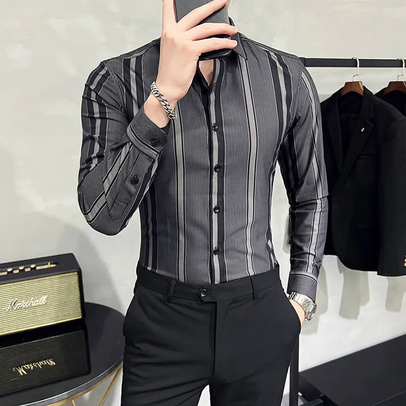 British Style Autumn New Striped Shirts Mens Long
