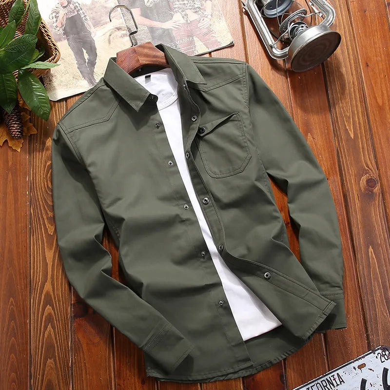 Men's Shirts Military Casual Shirt Cotton Khaki Retro