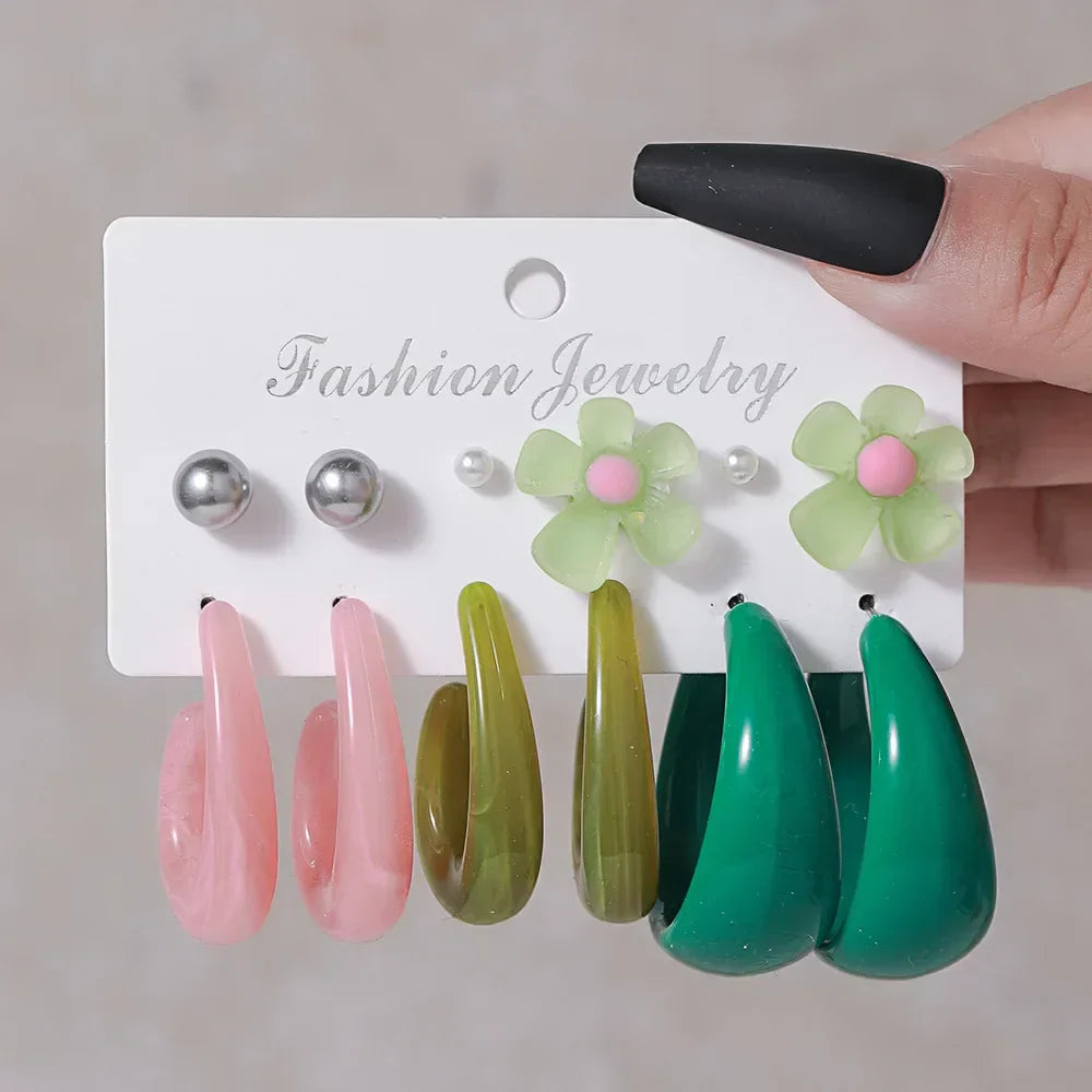Simple Acrylic C-shaped Cut Earrings 5 Pairs Set