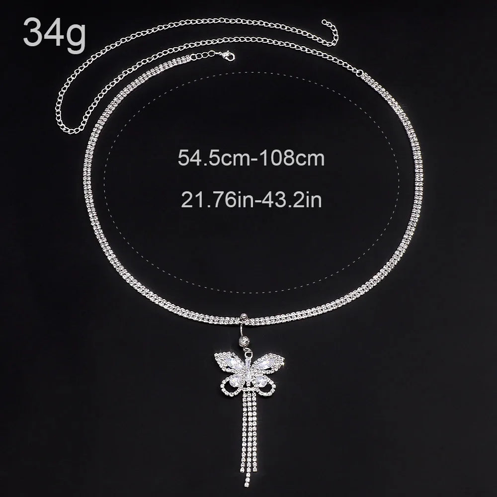 Shiny Rhinestone Butterfly Tassel Waist Chain Sexy Beach