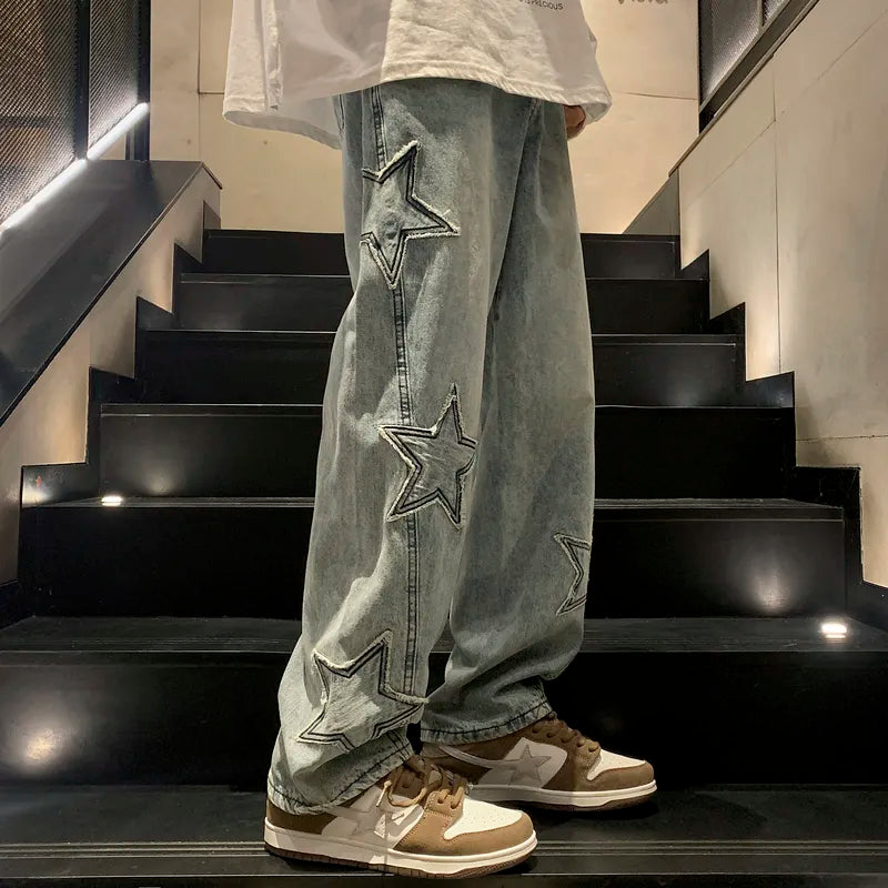 Star Embroidery Straight Casual Men Jeans Gothic Neutral