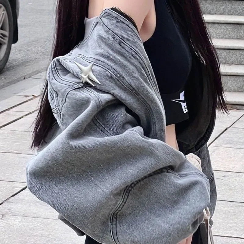 Grey Women Denim Jackets Y2k Cross Crop Hippie