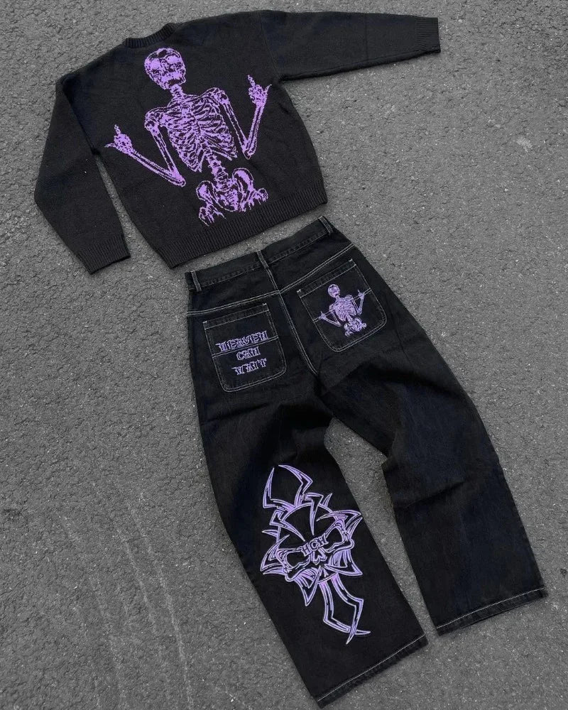 Harajuku Y2K men jeans vintage goth Skull Embroidery
