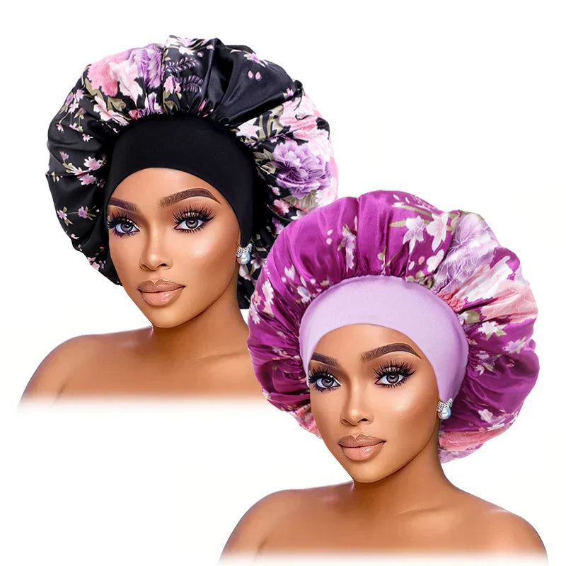 2PCS/LOT Large Satin Printed Wide-Brimmed Nightcap Elastic Head