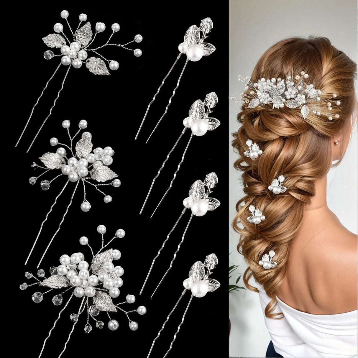 Pearl Flower Hairpin Side Comb Golden Leaf Shaped