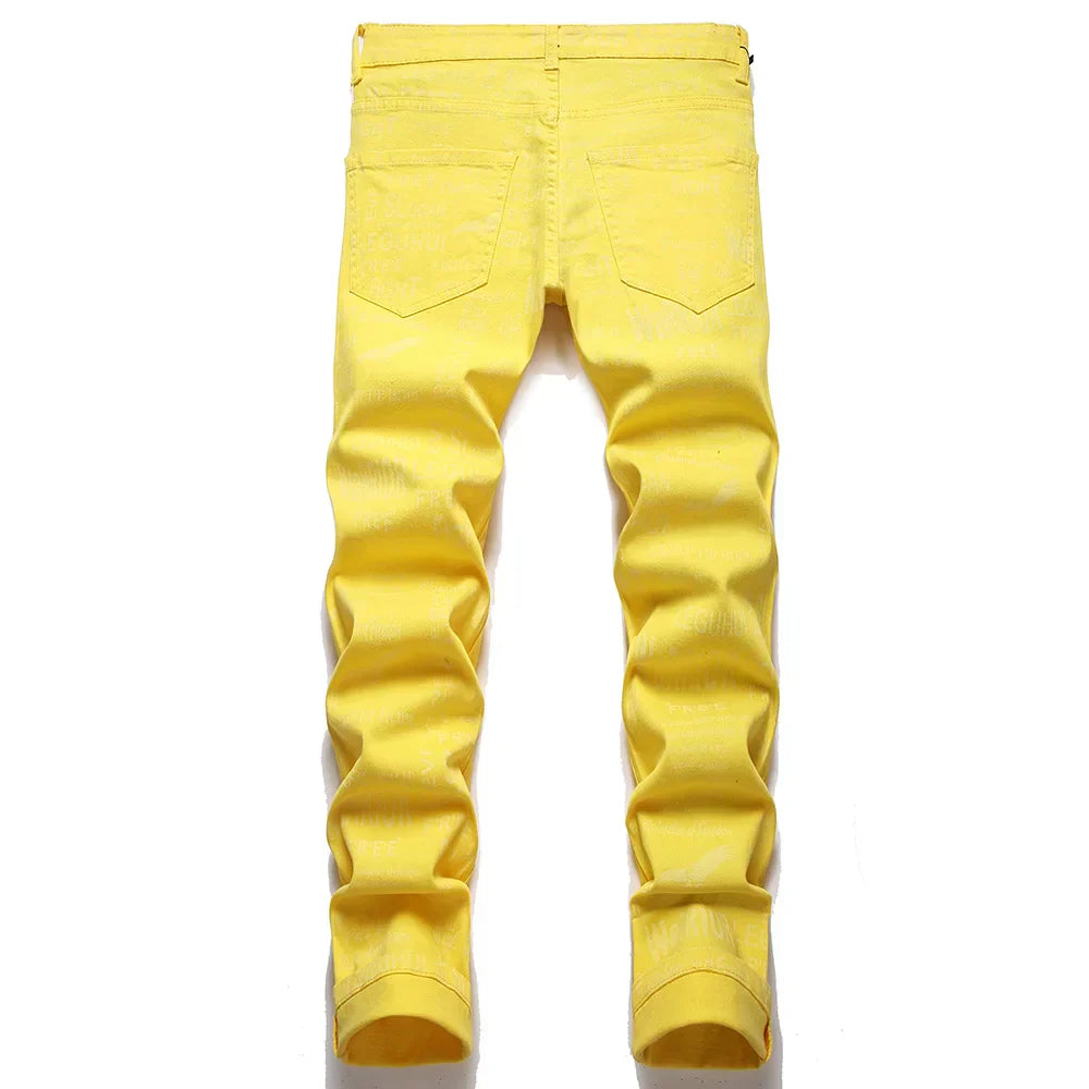 Men Letters Eagle Print Stretch Denim Jeans Y2K