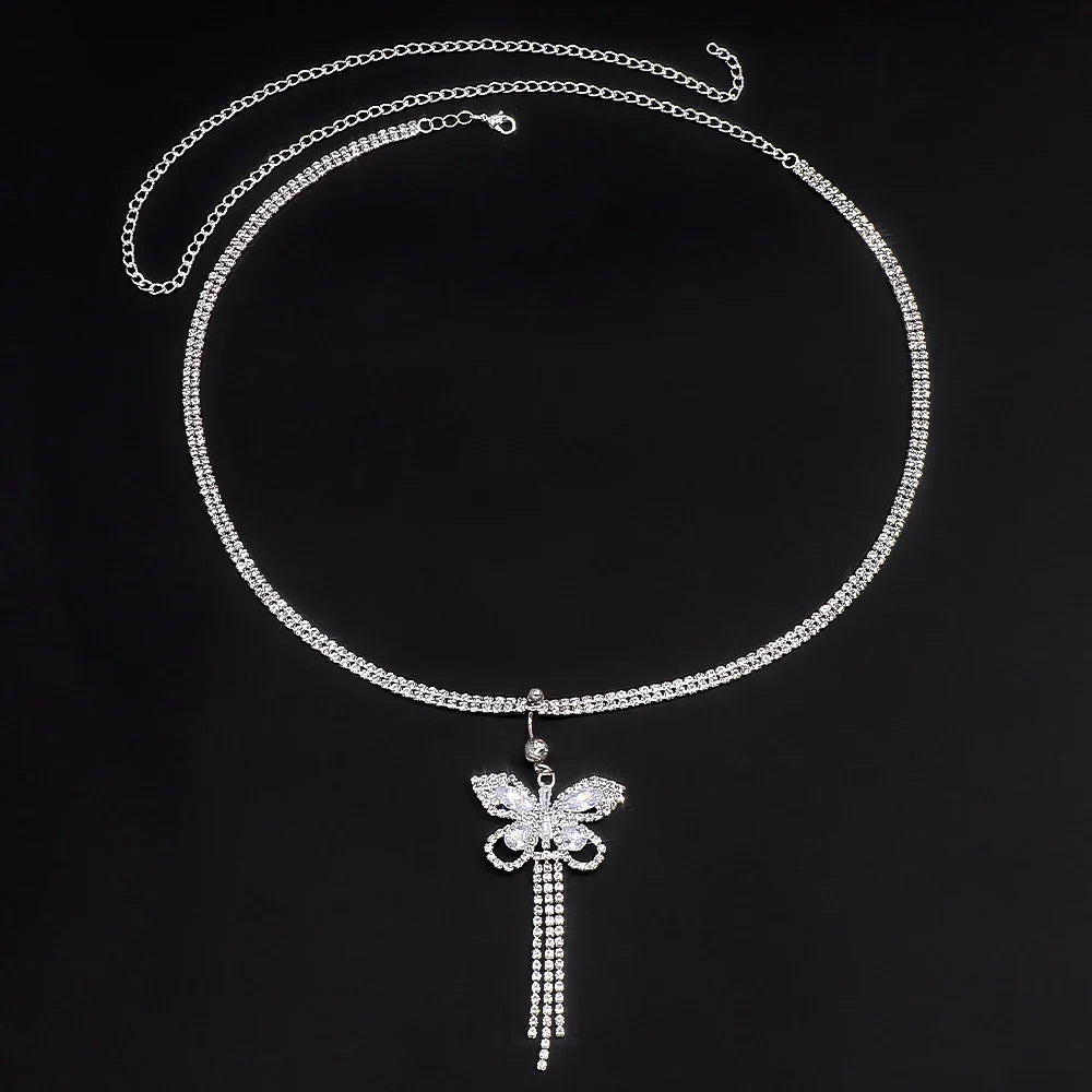 Shiny Rhinestone Butterfly Tassel Waist Chain Sexy Beach
