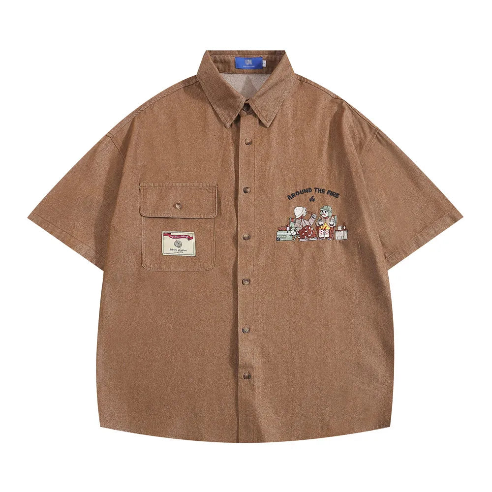 Embroidery Cargo Short Sleeve Shirts Mens Summer Vintage