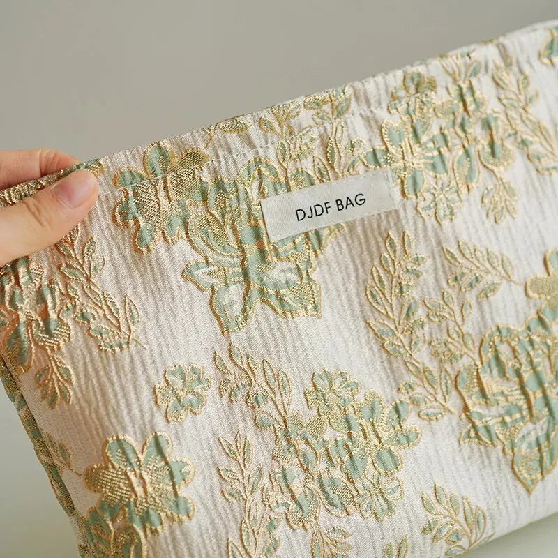 Women's Makeup Bag Green Gold Flowers Large Capacity