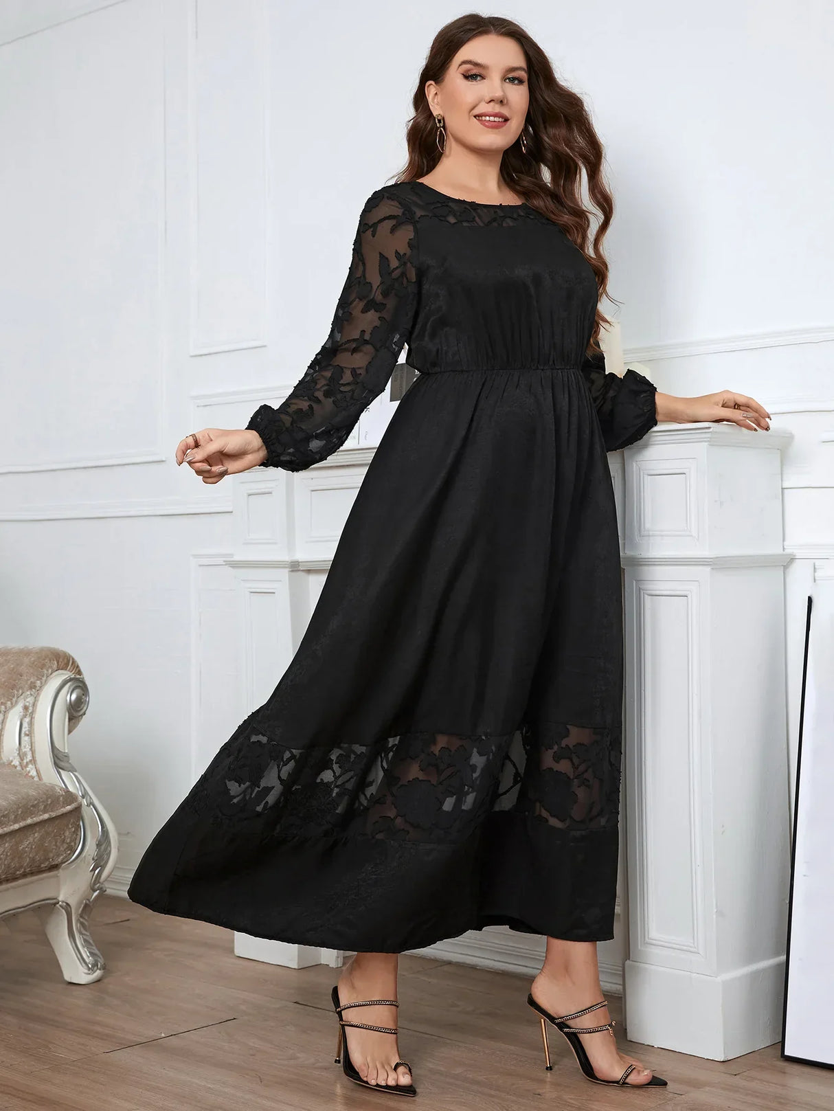 Plus Size Lace Women Dress See Through Long