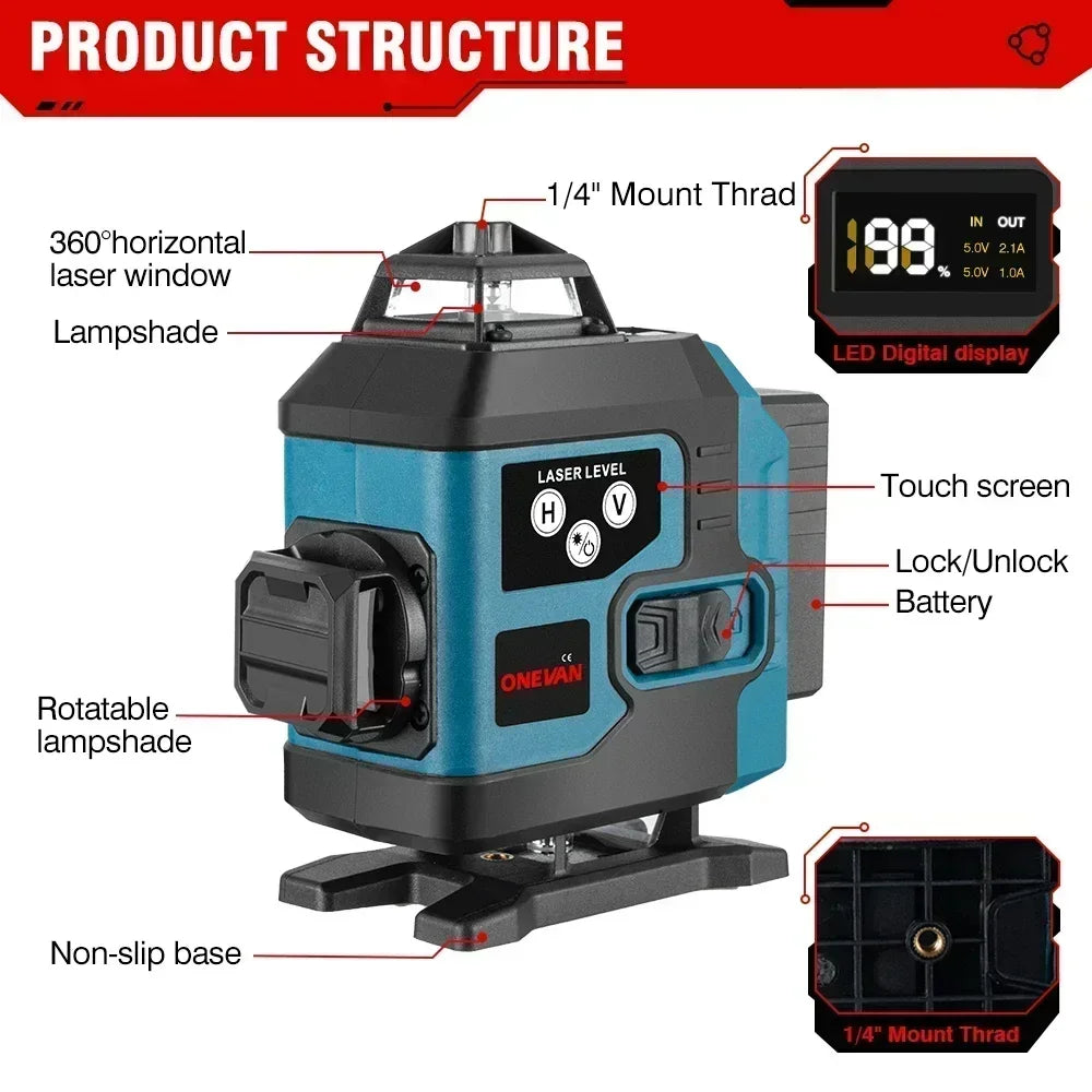 ONEVAN 4D 16 Line Laser Level 2x4000mah Battery