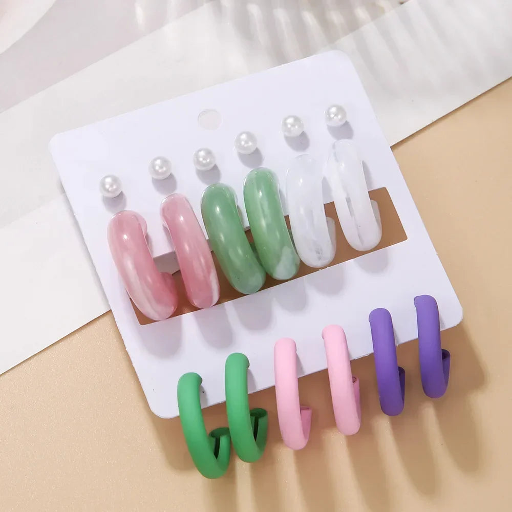 Simple Acrylic C-shaped Cut Earrings 5 Pairs Set