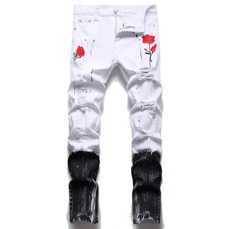 Men Rose Embroidery Jeans Fashion Holes Ripped Stretch