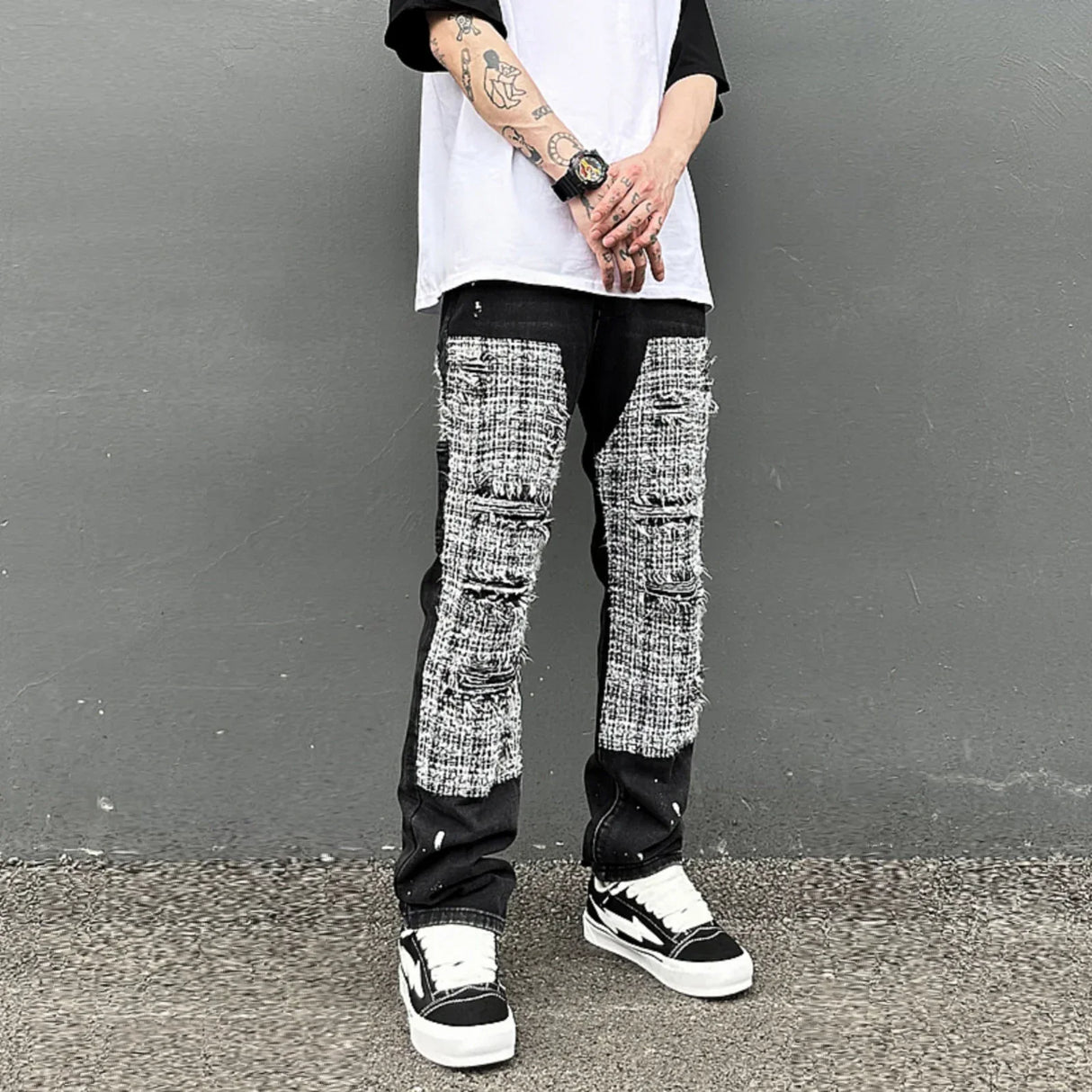 Black White Checkered Patchwork Straight Leg Denim Trousers