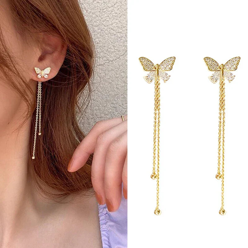 Butterfly Crystal Long Tassel Dangling Earrings For Women