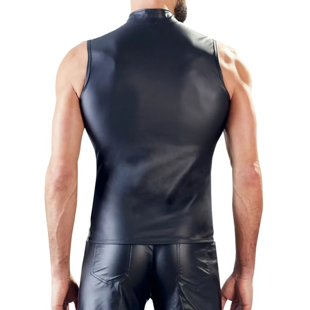 Mens PU Leather Tank Tops Sleeveless Zip TShirt
