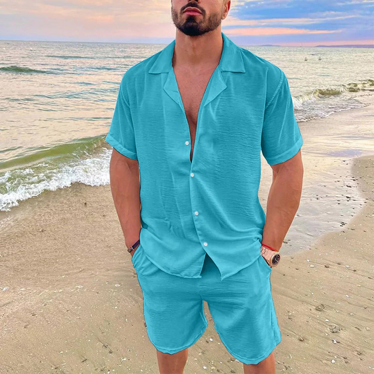 Hawaiian Men's Summer Polo Collar Cotton Linen Two