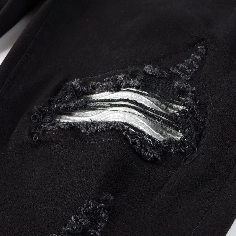 Men Cracked Silver Leather Patch Biker Jeans Streetwear