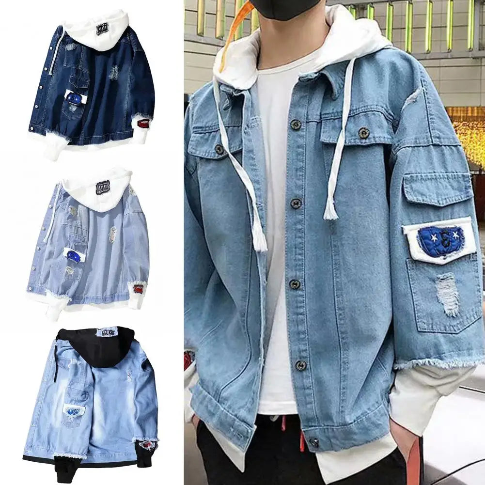 Men Light Blue Winter Jean Jackets Hooded Casual