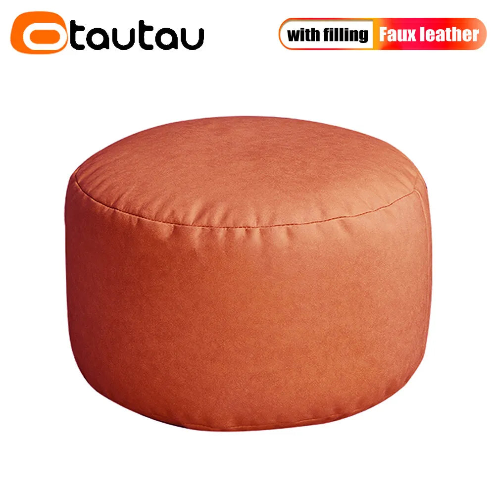 OTAUTAU Small Round Faux Leather Ottoman Stool Beanbag