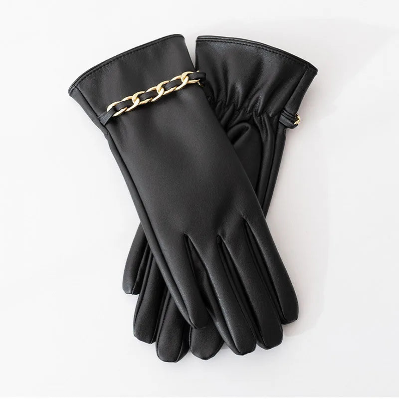 Fashion Chain Women' PU Leather Gloves Winter Warm